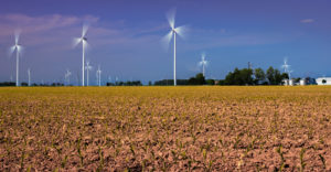 wind turbines in a farm field